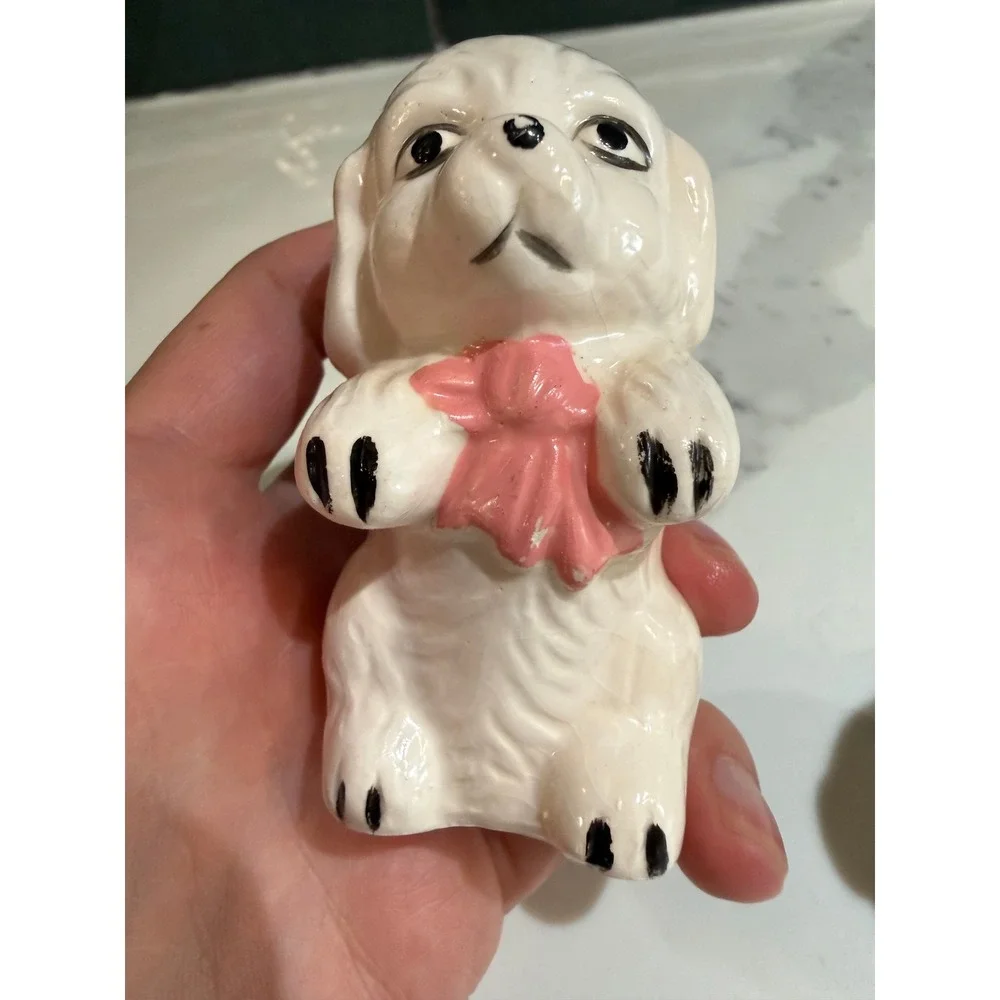 Vintage Ceramic Puppy Dog Salt and Pepper Shakers White Pink Blue Bows Set of 2